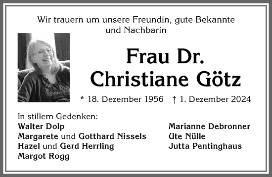 Traueranzeige von Christiane Götz von Allgäuer Zeitung,Kempten