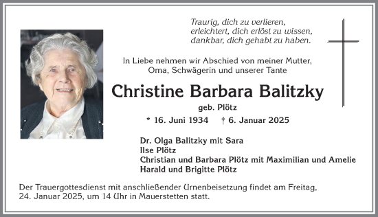 Traueranzeige von Christine Barbara Balitzky von Allgäuer Zeitung, Kaufbeuren/Buchloe