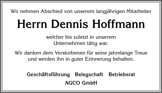 Traueranzeige von Dennis Hoffmann von Allgäuer Zeitung, Marktoberdorf