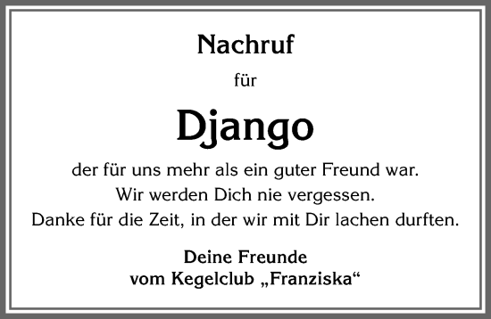 Traueranzeige von Django  von Allgäuer Zeitung, Kaufbeuren/Buchloe