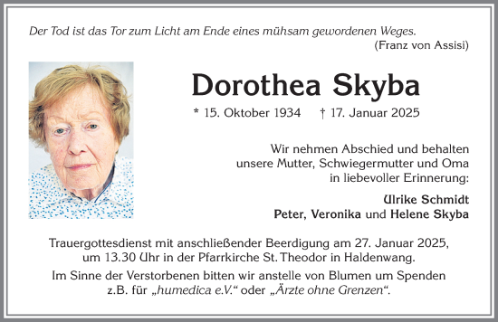 Traueranzeige von Dorothea Skyba von Allgäuer Zeitung,Kempten