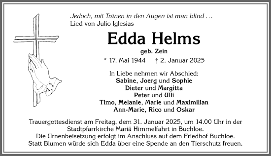 Traueranzeige von Edda Helms von Allgäuer Zeitung, Kaufbeuren/Buchloe