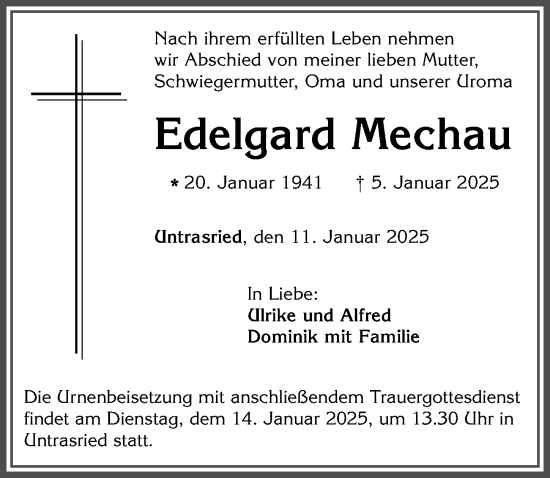 Traueranzeige von Edelgard Mechau von Allgäuer Zeitung,Kempten