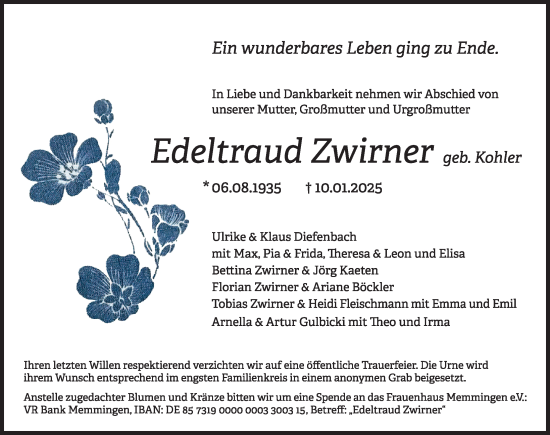Traueranzeige von Edeltraud Zwirner von Memminger Zeitung