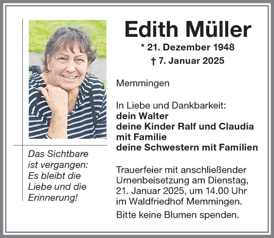 Traueranzeige von Edith Müller von Memminger Zeitung