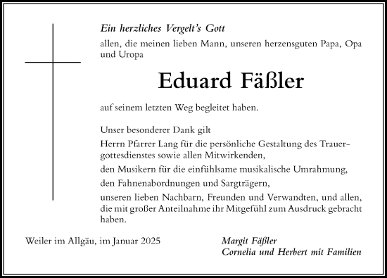 Traueranzeige von Eduard Fäßler von Der Westallgäuer