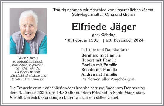 Traueranzeige von Elfriede Jäger von Allgäuer Zeitung,Kempten