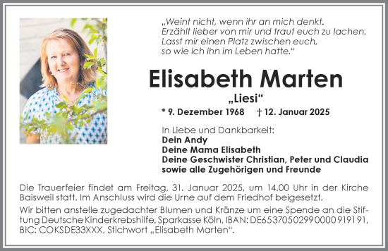 Traueranzeige von Elisabeth Marten von Allgäuer Zeitung, Kaufbeuren/Buchloe