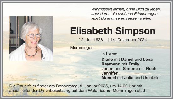 Traueranzeige von Elisabeth Simpson von Memminger Zeitung