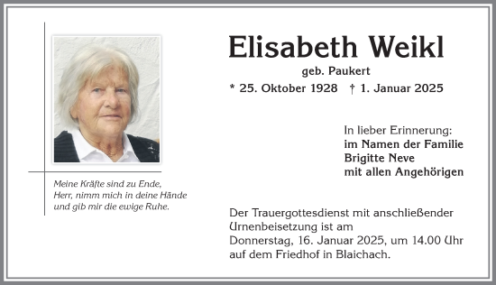 Traueranzeige von Elisabeth Weikl von Allgäuer Anzeigeblatt