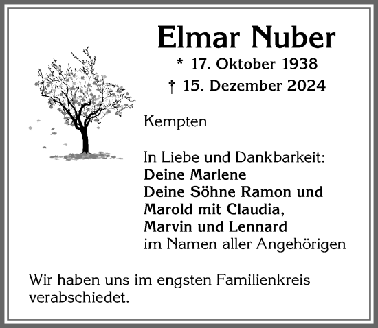 Traueranzeige von Elmar Nuber von Allgäuer Zeitung,Kempten
