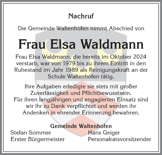 Traueranzeige von Elsa Waldmann von Allgäuer Zeitung,Kempten