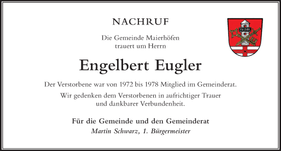 Traueranzeige von Engelbert Eugler von Der Westallgäuer