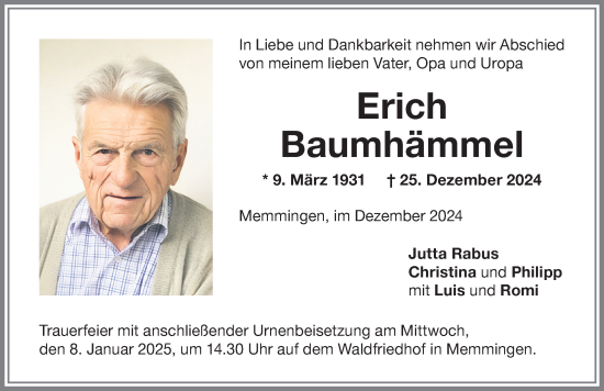 Traueranzeige von Erich Baumhämmel von Memminger Zeitung