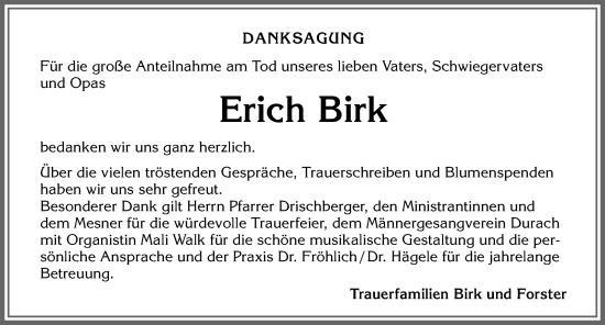 Traueranzeige von Erich Birk von Allgäuer Zeitung,Kempten