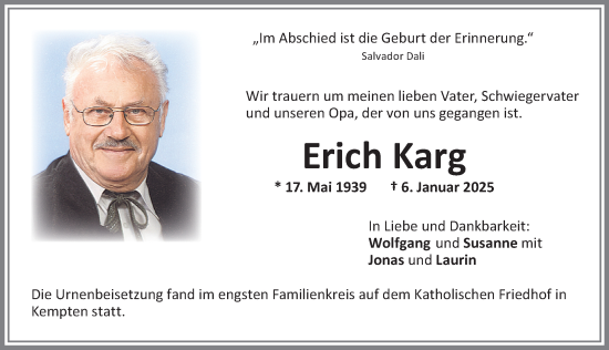 Traueranzeige von Erich Karg von Allgäuer Zeitung,Kempten