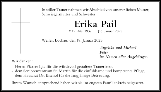 Traueranzeige von Erika Pail von Der Westallgäuer