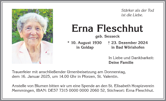 Traueranzeige von Erna Fleschhut von Allgäuer Zeitung, Kaufbeuren/Buchloe