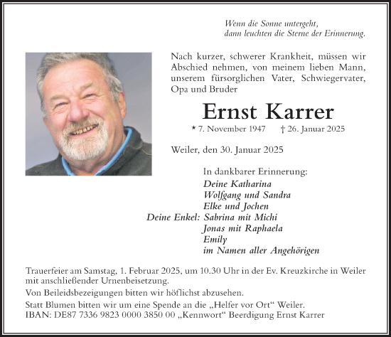 Traueranzeige von Ernst Karrer von Der Westallgäuer