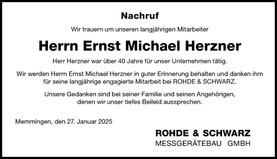 Traueranzeige von Ernst Michael Herzner von Memminger Zeitung