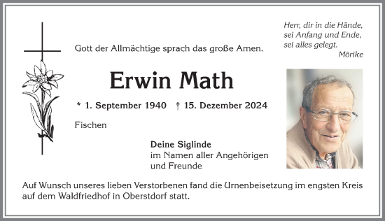 Traueranzeige von Erwin Math von Allgäuer Anzeigeblatt