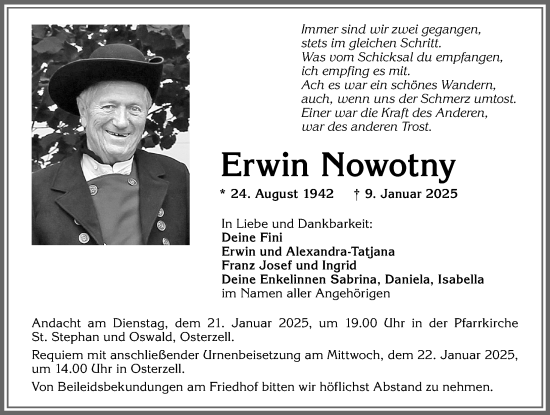 Traueranzeige von Erwin Nowotny von Allgäuer Zeitung, Kaufbeuren/Buchloe