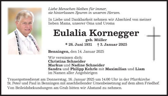 Traueranzeige von Eulalia Kornegger von Memminger Zeitung