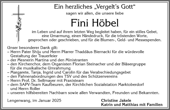 Traueranzeige von Fini Höbel von Allgäuer Zeitung, Marktoberdorf