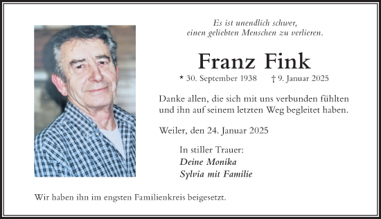Traueranzeige von Franz Fink von Der Westallgäuer
