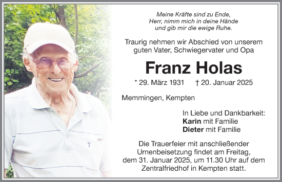 Traueranzeige von Franz Holas von Memminger Zeitung
