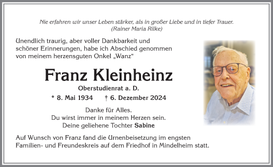 Traueranzeige von Franz Kleinheinz von Allgäuer Anzeigeblatt