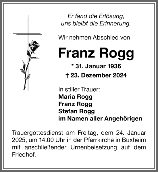 Traueranzeige von Franz Rogg von Memminger Zeitung