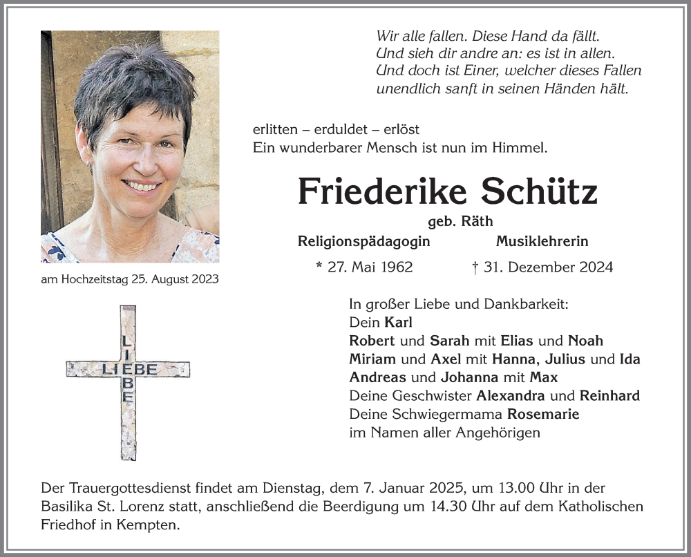  Traueranzeige für Friederike Schütz vom 04.01.2025 aus Allgäuer Anzeigeblatt