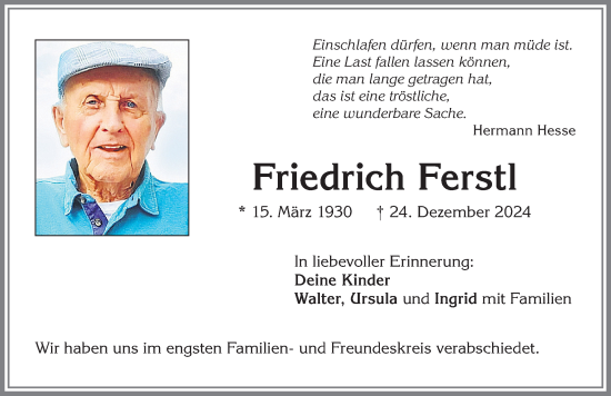 Traueranzeige von Friedrich Ferstl von Allgäuer Zeitung,Kempten