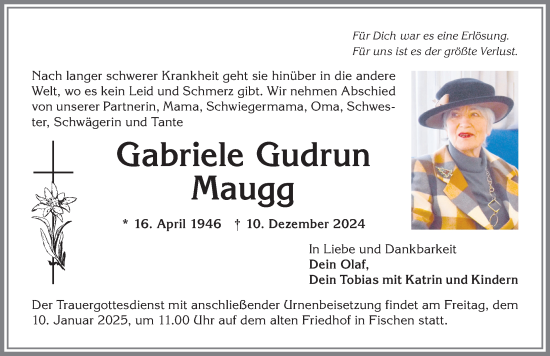 Traueranzeige von Gabriele Gudrun Maugg von Allgäuer Anzeigeblatt