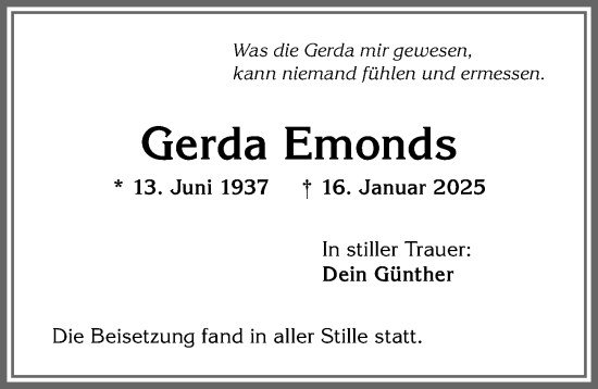 Traueranzeige von Gerda Emonds von Allgäuer Anzeigeblatt