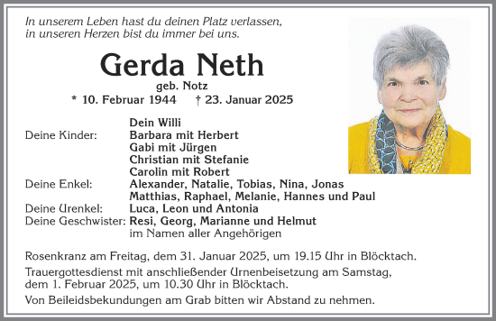 Traueranzeige von Gerda Neth von Allgäuer Zeitung, Kaufbeuren/Buchloe