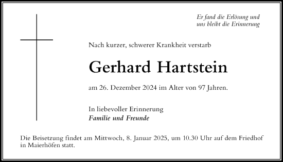 Traueranzeige von Gerhard Hartstein von Der Westallgäuer