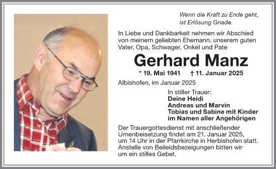 Traueranzeige von Gerhard Manz von Memminger Zeitung