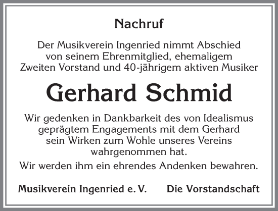 Traueranzeige von Gerhard Schmid von Allgäuer Zeitung, Kaufbeuren/Buchloe