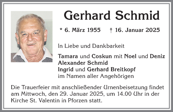 Traueranzeige von Gerhard Schmid von Allgäuer Zeitung, Kaufbeuren/Buchloe