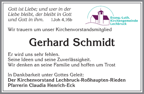 Traueranzeige von Gerhard Schmidt von Allgäuer Zeitung, Füssen