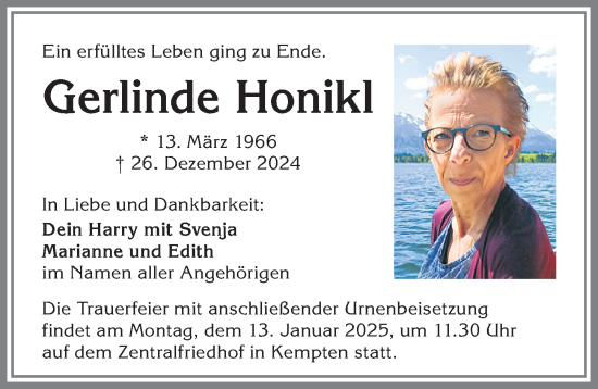 Traueranzeige von Gerlinde Honikl von Allgäuer Zeitung,Kempten