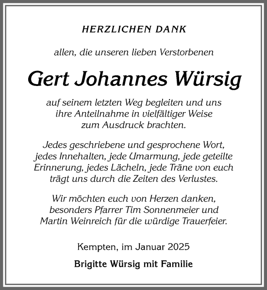 Traueranzeige von Gert Johannes Würsig von Allgäuer Zeitung,Kempten
