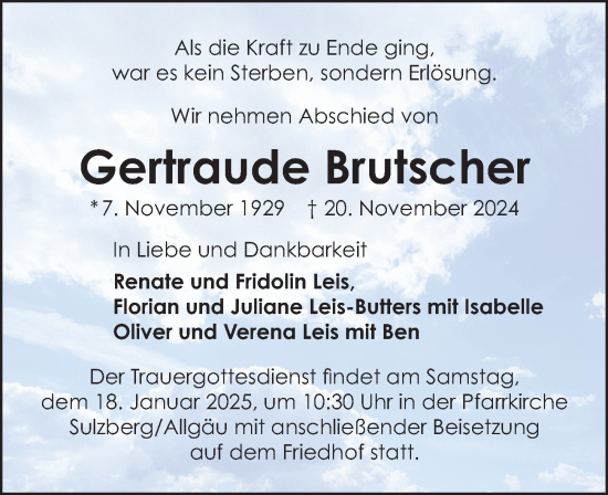 Traueranzeige von Gertraude Brutscher von Allgäuer Zeitung,Kempten