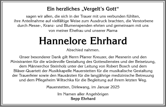 Traueranzeige von Hannelore Ehrhard von Allgäuer Zeitung, Kaufbeuren/Buchloe