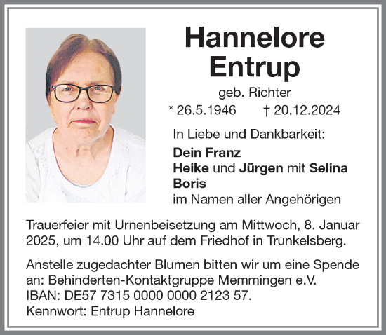 Traueranzeige von Hannelore Entrup von Memminger Zeitung