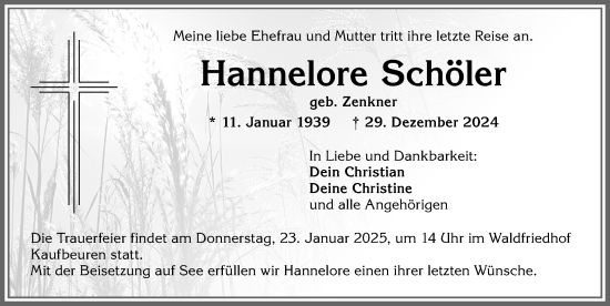 Traueranzeige von Hannelore Schöler von Allgäuer Zeitung, Kaufbeuren/Buchloe