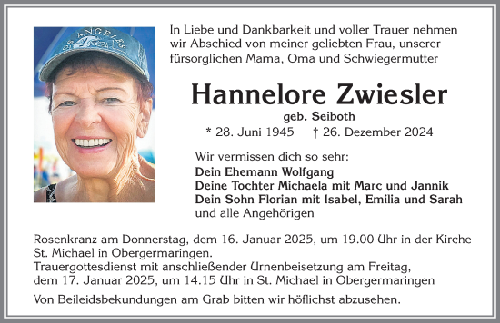 Traueranzeige von Hannelore Zwiesler von Allgäuer Zeitung, Kaufbeuren/Buchloe