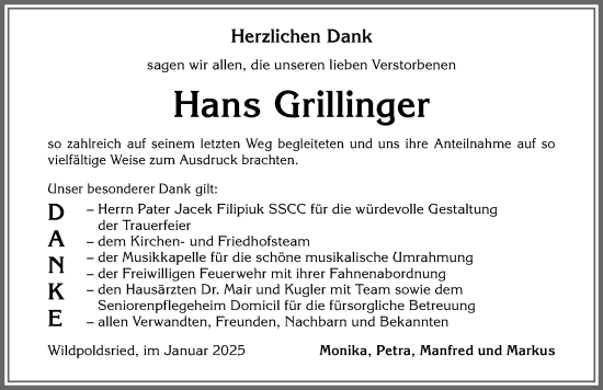Traueranzeige von Hans Grillinger von Allgäuer Zeitung,Kempten